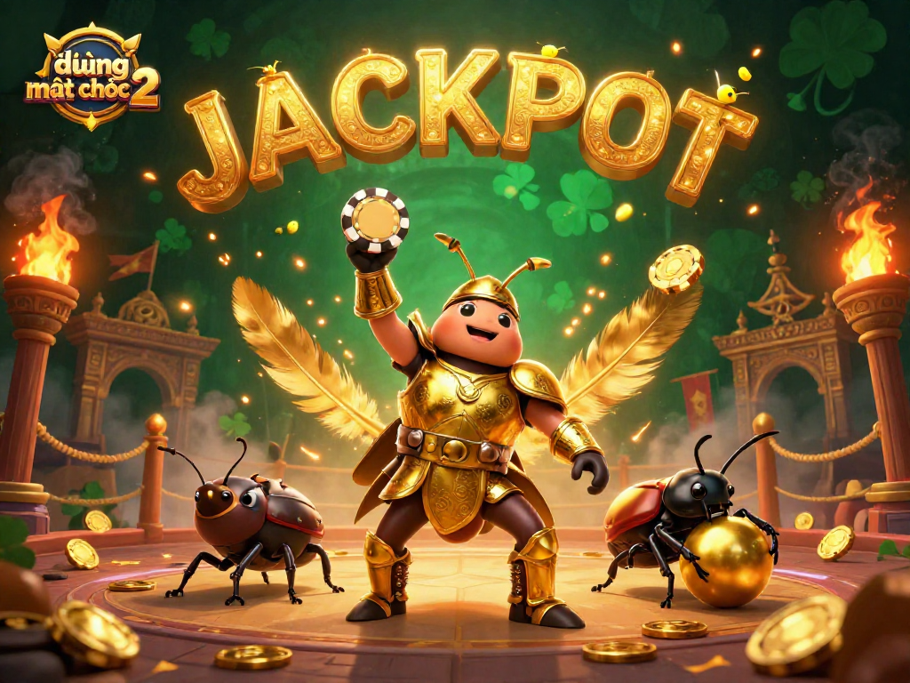 Experience the excitement of đường mạt chược 2 with a victorious beetle lifting a poker chip in a vibrant gambling arena.