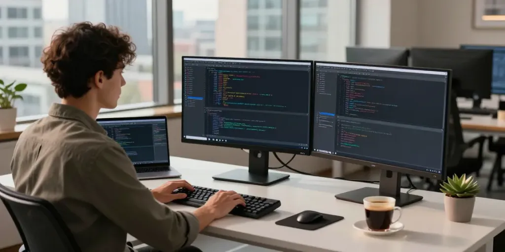 Developer using instant indexing tools in a modern tech workspace, dual monitors displaying code.