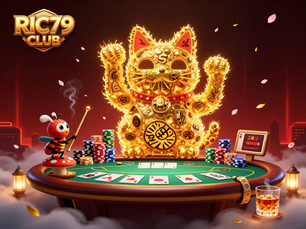 Join the excitement of RIC79 CLUB with this vibrant gaming scene showcasing a lucky cat and poker elements.