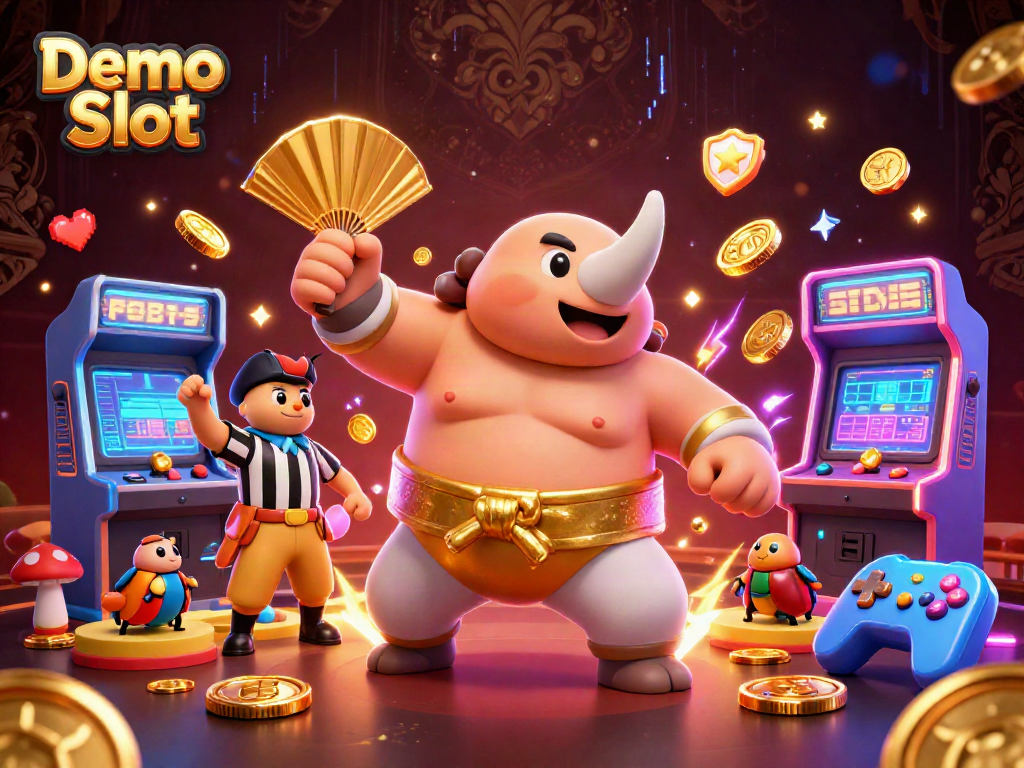 Experience thrilling Demo Slot action with vibrant beetle champions in a colorful casino arcade.