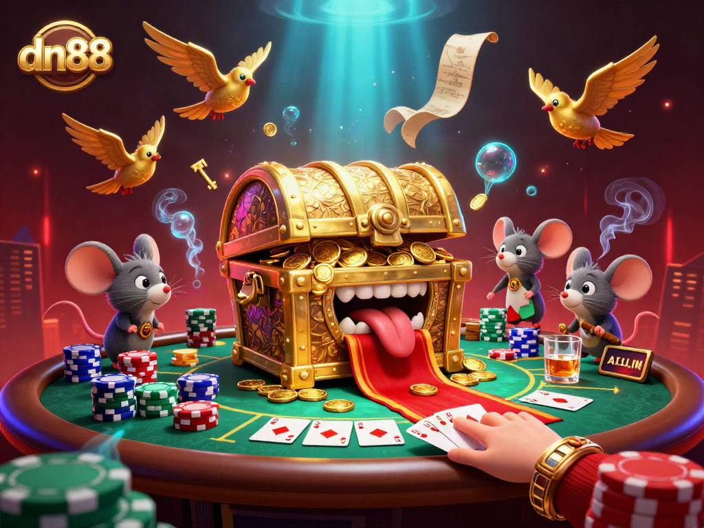 Engage with dn88 at a vibrant online casino scene featuring adventurous mice and poker elements.