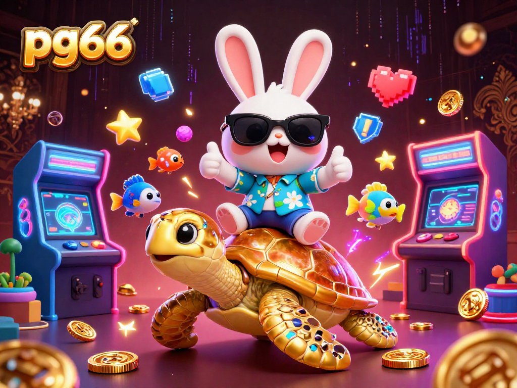 Spin and win with pg66, featuring a lucky rabbit and golden turtle in a vibrant casino scene.