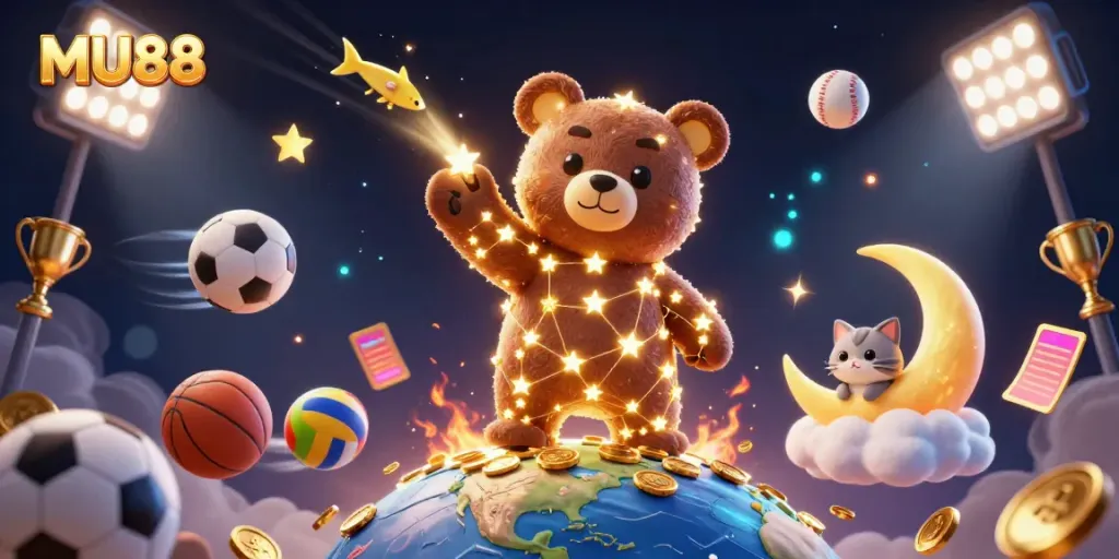Engage in sports betting excitement with MU88's vibrant illustration showing playful characters and casino elements.