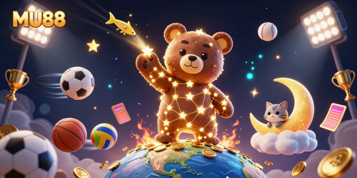 Engage in sports betting excitement with MU88's vibrant illustration showing playful characters and casino elements.