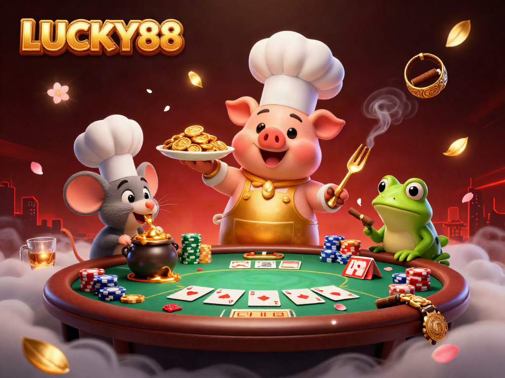 LUCKY88 chef pig serving gold coins amidst lively poker elements, showcasing a vibrant casino atmosphere.