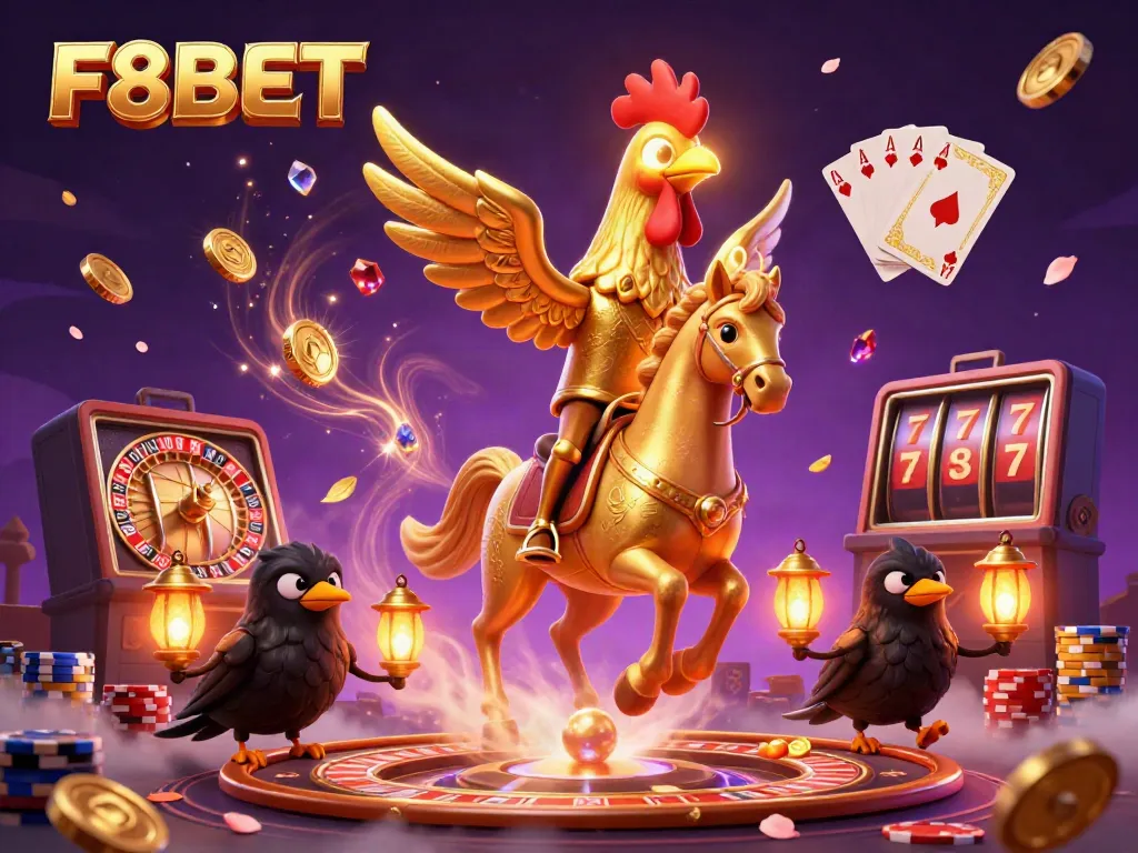 Engage with thrilling games at F8BET in this vibrant 3D casino illustration showcasing golden roosters and colorful gems.