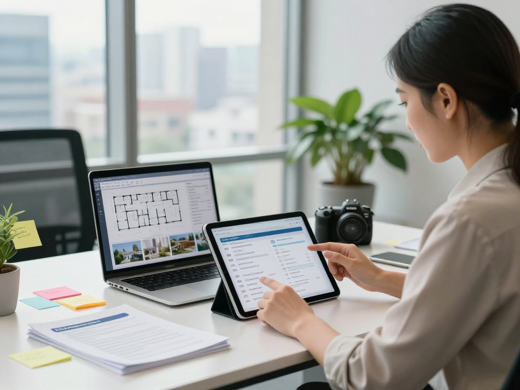 Real estate professional using IDXSTAR technology in a modern office
