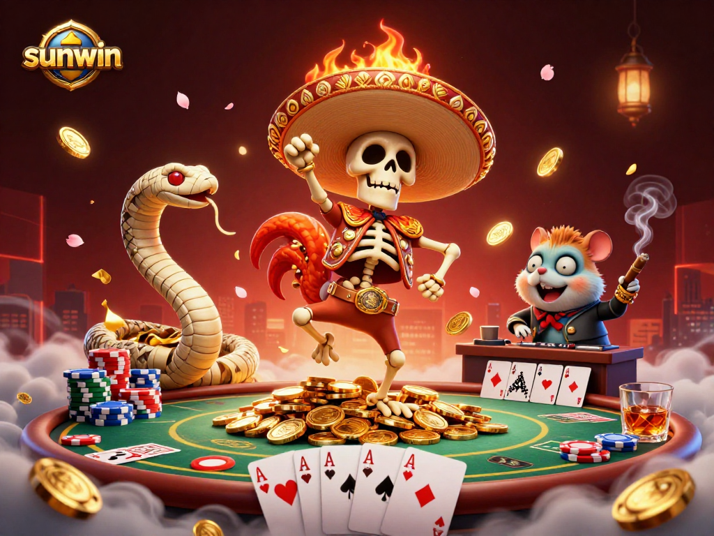 Sunwin casino scene featuring a mariachi rooster celebrating a poker win amidst dynamic elements.