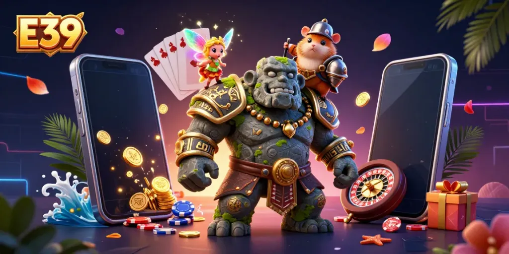 E39's thrilling gaming adventure with a golem guardian, fairy magic, and hamster knight amidst vibrant casino elements.
