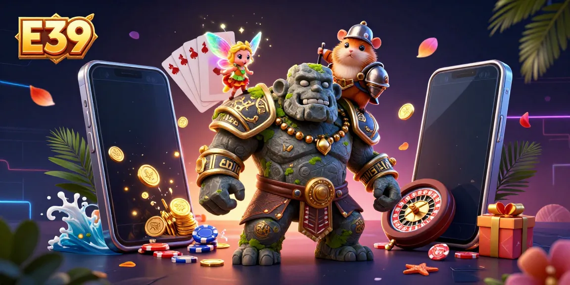 E39's thrilling gaming adventure with a golem guardian, fairy magic, and hamster knight amidst vibrant casino elements.