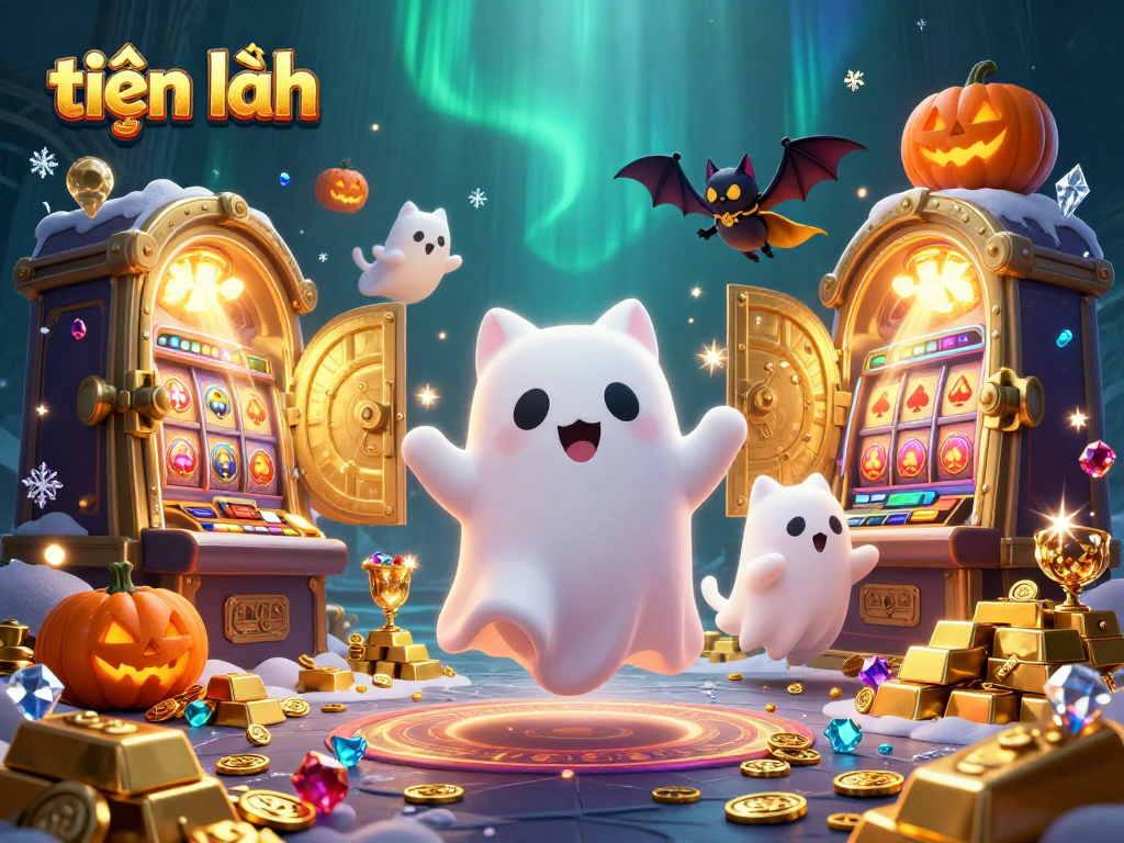 Play to win in tiến lên with ghost cat, vampire bat, and glowing treasures in a vibrant casino.