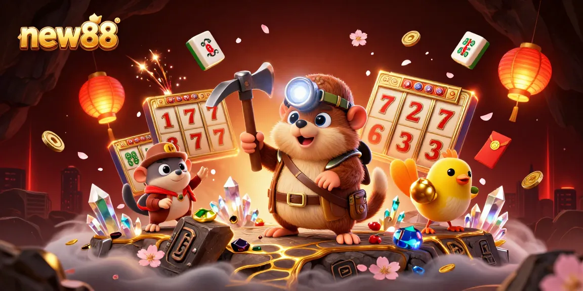 Experience winning at new88 with a vibrant 3D scene featuring a treasure hunter mole and gaming elements.