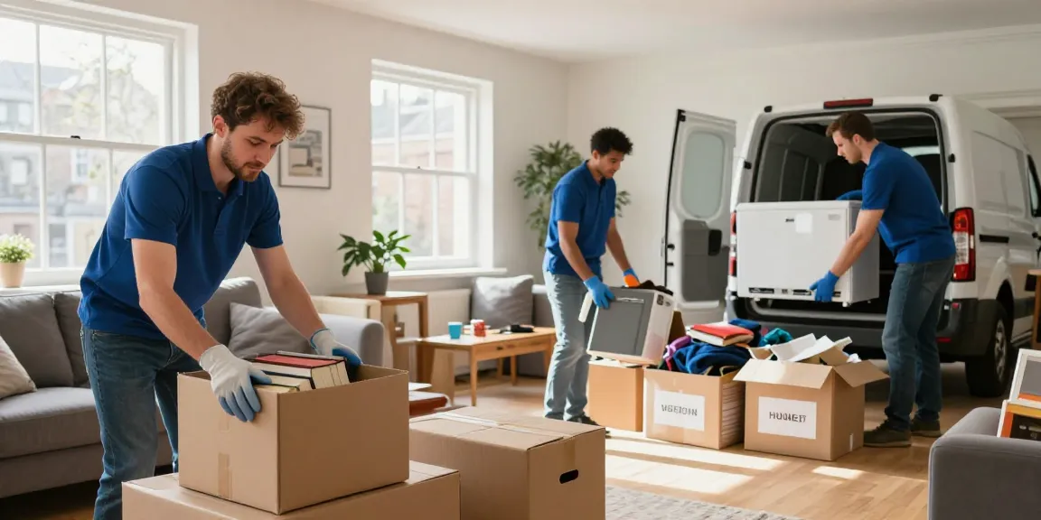 House Clearance Edinburgh team organizing furniture and belongings in a bright living room.