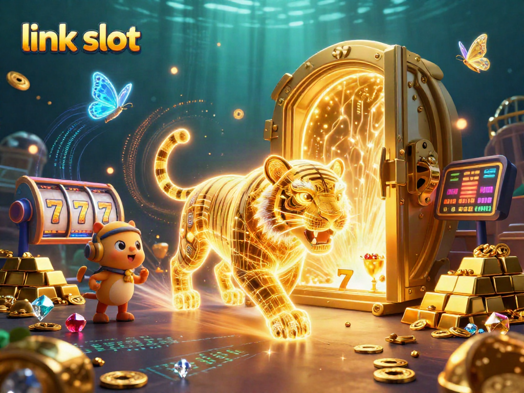 Win big with link slot features surrounded by golden tiger and vibrant casino elements.
