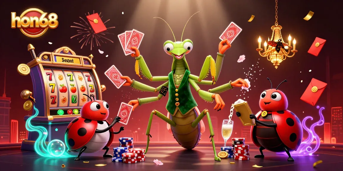 Engage in the thrilling gaming experience at hon68, where a giant praying mantis dealer shuffles cards and pours champagne.