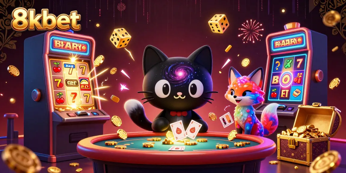 Engage with 8xbet's vibrant casino universe, featuring a charming black hole cat and colorful nebula fox amidst exciting gaming elements.