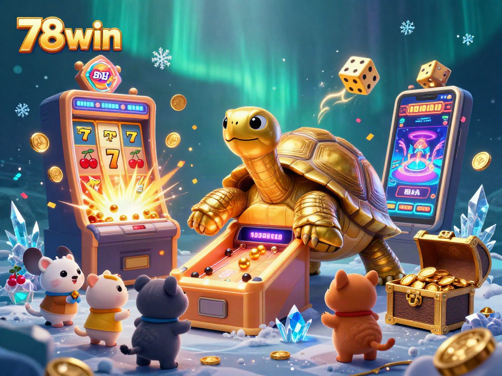 Engage with 78win's vibrant casino scene featuring a golden tortoise, bursting slot machine, and cheerful animals.