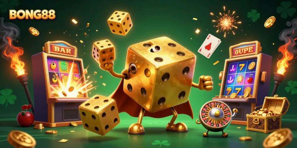 Play and win with BONG88 as a golden dice golem juggles casino elements in an exciting 3D scene.