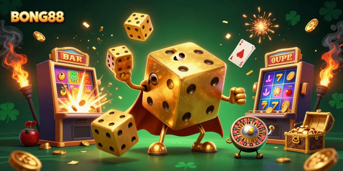 Play and win with BONG88 as a golden dice golem juggles casino elements in an exciting 3D scene.