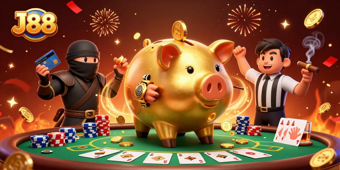Experience the excitement of J88 with vibrant casino action featuring a golden piggy bank sumo wrestler and dynamic characters.
