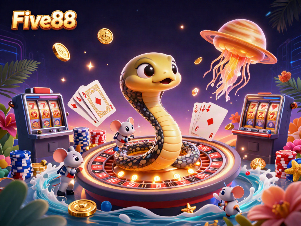 Experience the vibrant world of Five88 with animated characters engaging in a cosmic roulette scene.