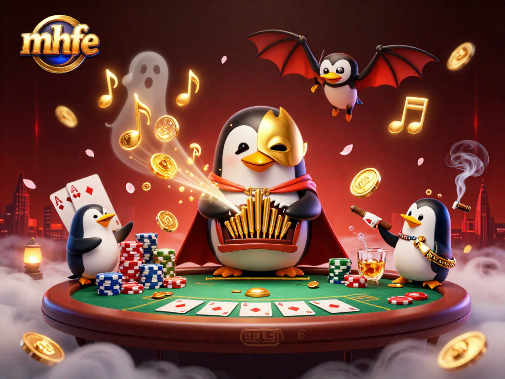Engage in thrilling action at mhfe with a penguin playing a golden organ while coins fly.