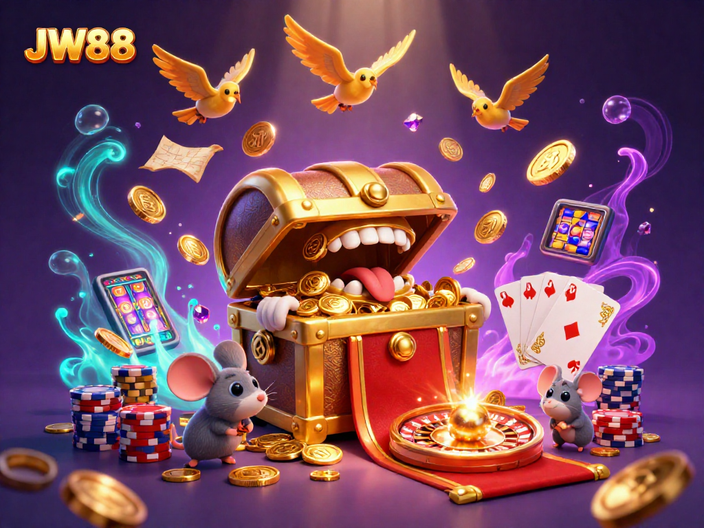 Experience thrilling moments at JW88 with a treasure chest enticing bettors and sparkling casino gems.