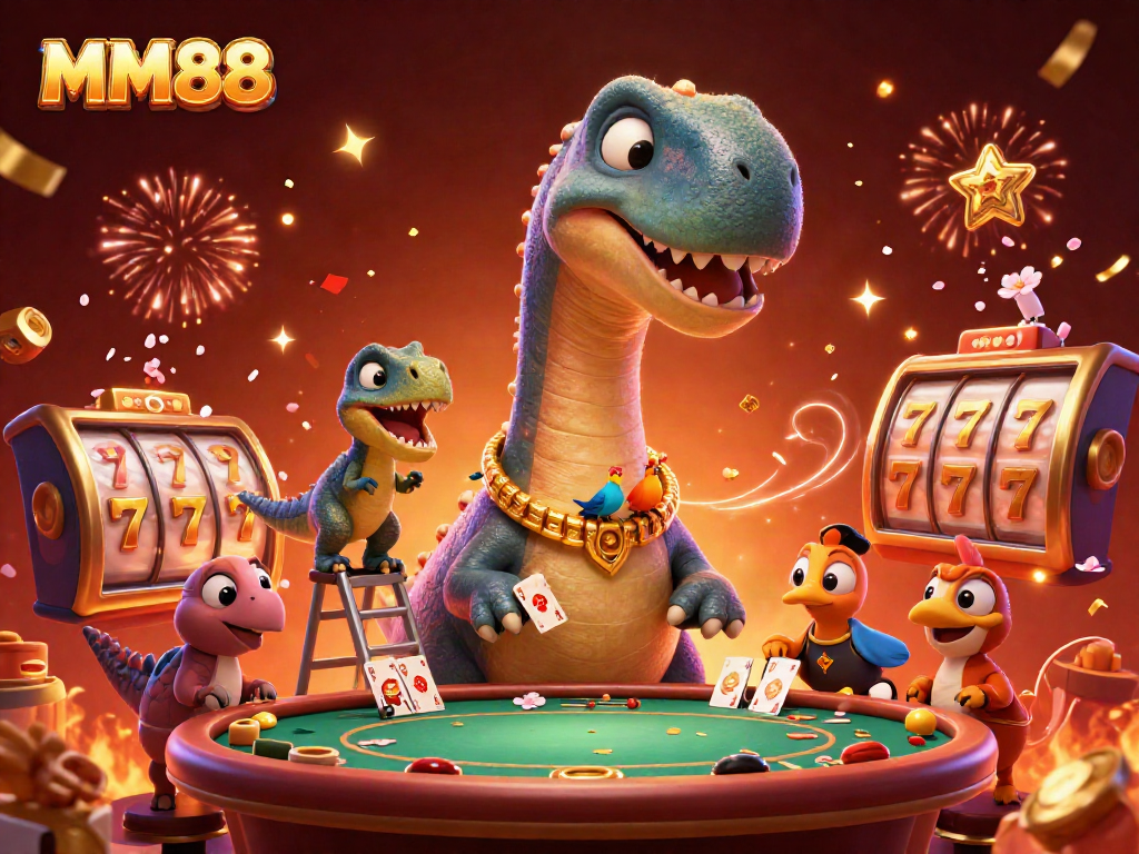 Experience the thrill of MM88 slots with a playful brontosaurus and raptor dealer illustration.