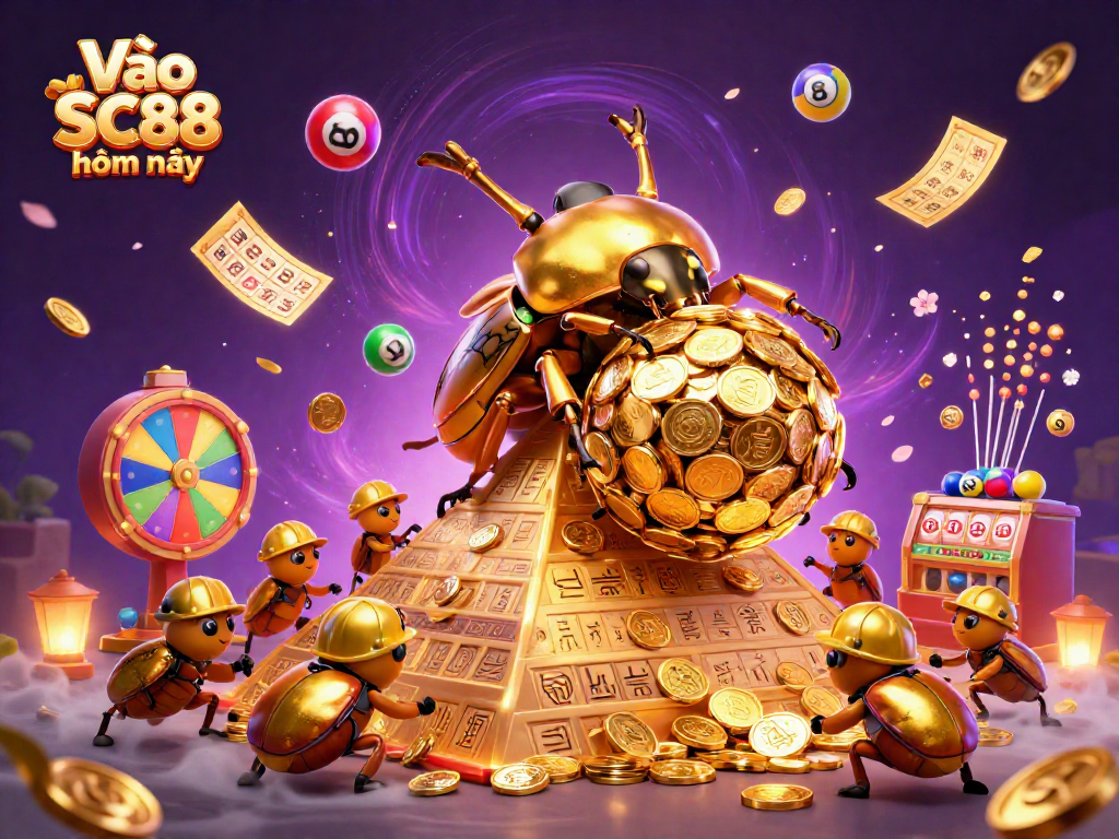 Engage with Vào SC88 hôm nay through a vibrant illustrated scene featuring a golden dung beetle and lottery elements.