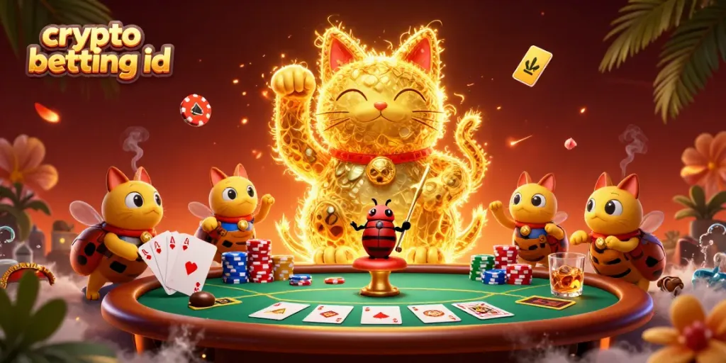 Experience crypto betting id with a vibrant casino-inspired scene featuring a lucky cat and poker elements.