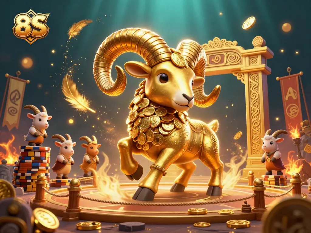 Experience thrilling gameplay with the 8S gaming scene featuring a golden ram and casino elements.