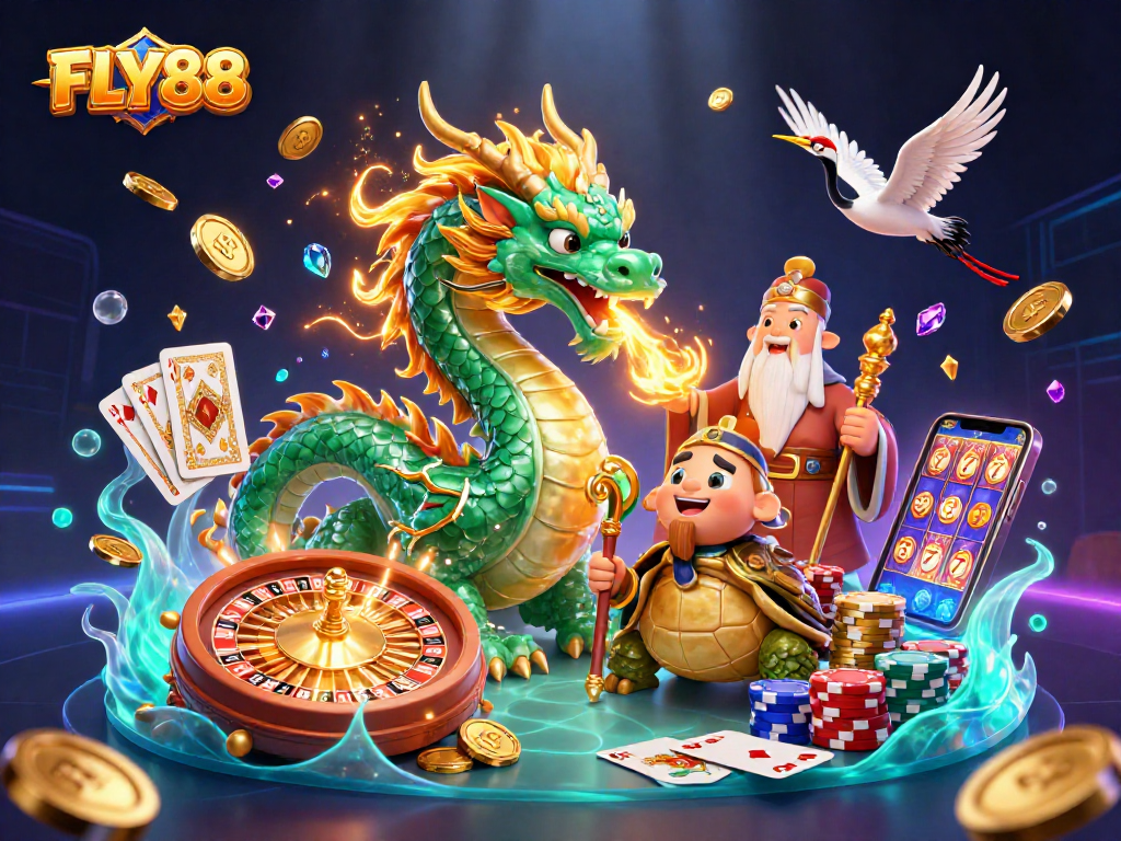 Engage in thrilling gameplay at FLY88 with dragons, luck, and golden rewards in a vibrant casino scene.