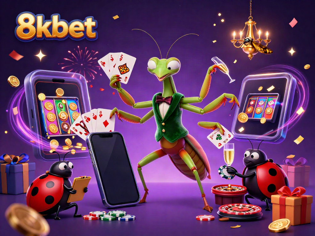 Engage with vibrant 8xbet gaming experience featuring cartoon characters amidst celebratory casino elements.