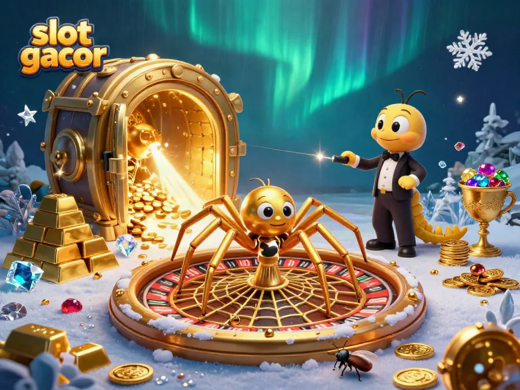 Engage with the thrilling "slot gacor" scene showcasing a cartoon spider and a croupier in a dynamic casino atmosphere.