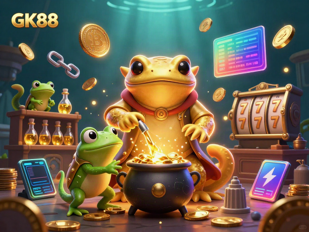 Engage with GK88's dynamic casino-themed digital art featuring a salamander alchemist and exciting slot reels.