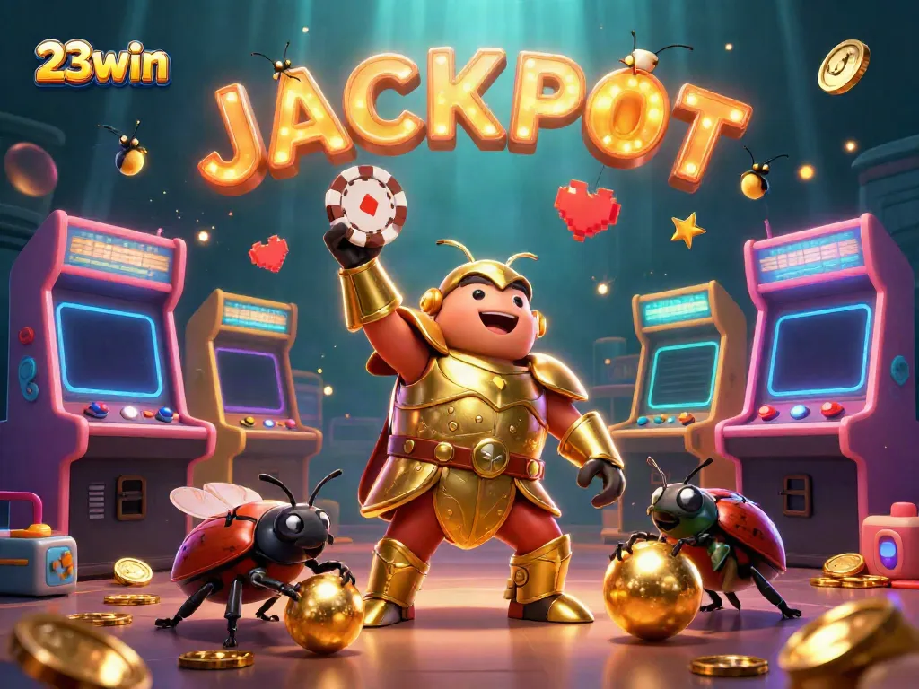 Experience excitement at 23win with beetles celebrating JACKPOT amidst vibrant casino-themed visuals.