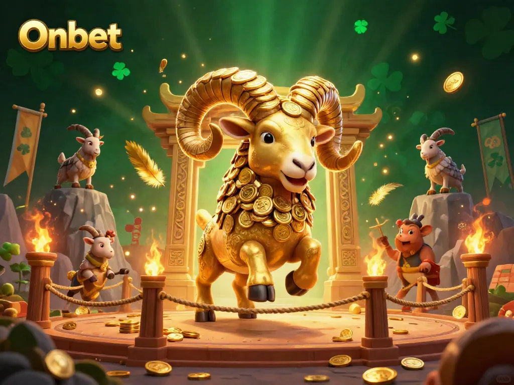 Onbet's illustrated golden ram charges through a decorative gambling arena filled with gold coins and banners.