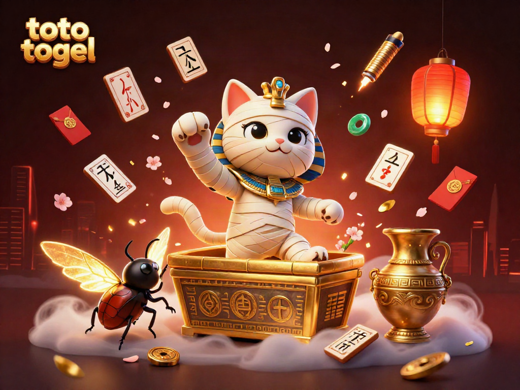 Engage with toto togel excitement in a vibrant pyramid casino scene featuring a mummy cat and magical symbols.