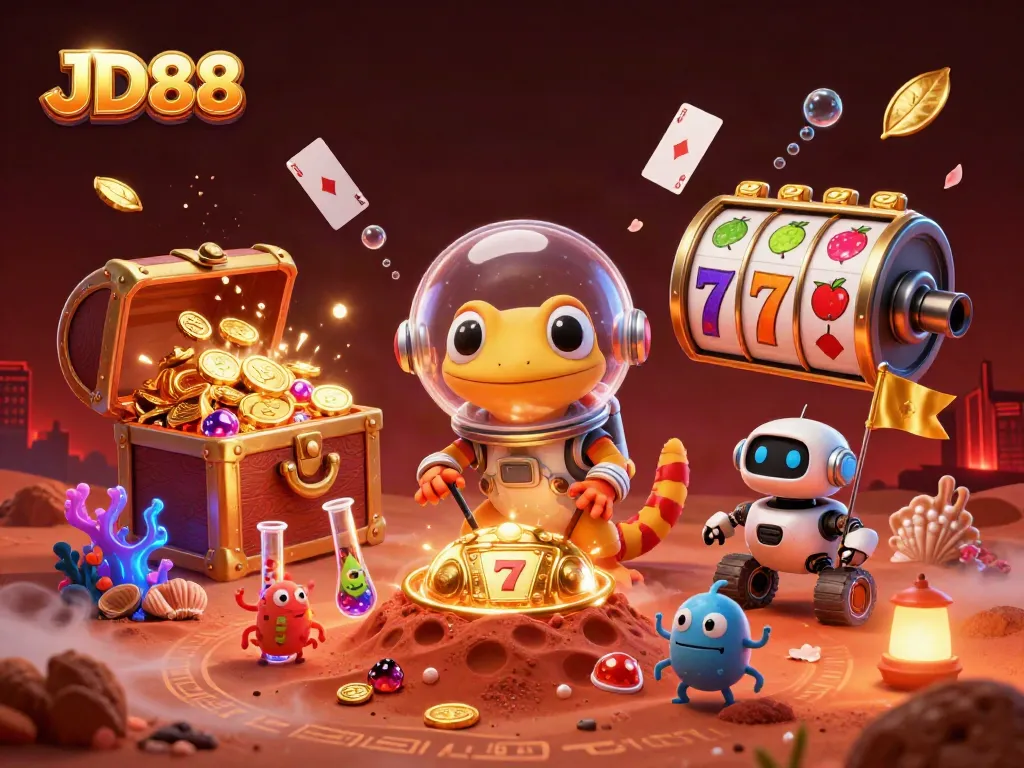 JD88 Martian gecko finds a golden casino with vibrant slot reels and lively cheering bacteria.