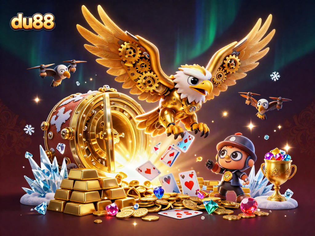Engage with du88's thrilling casino experience featuring a golden eagle and holographic cards.