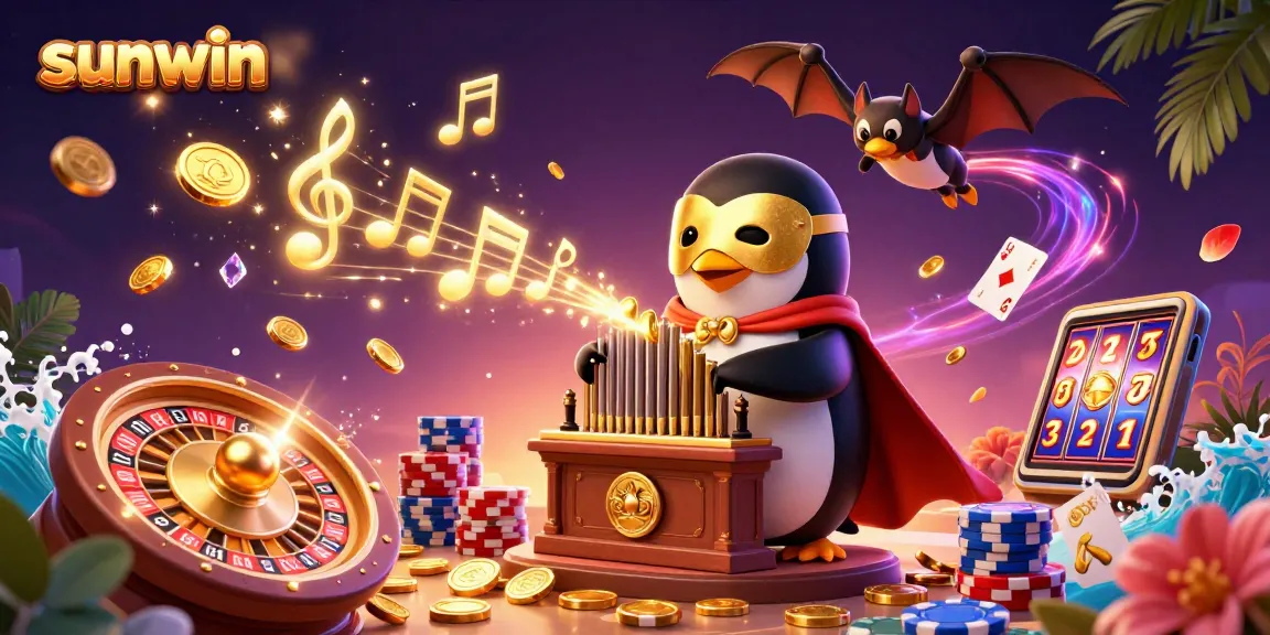 Experience the thrill at sunwin with a vibrant 3D penguin themed casino illustration full of winning elements.