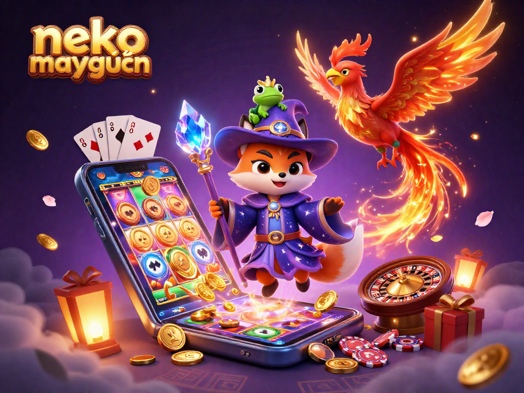 Experience enticing slot action in Neko May Mắn with golden coins and vibrant gaming elements.