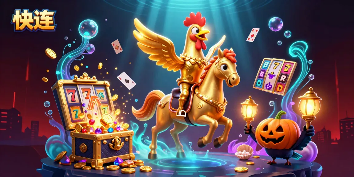 Engage with快连 as golden rooster and companions navigate a thrilling casino adventure amidst vibrant slot elements.