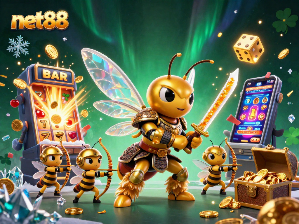Experience net88's jackpot thrills with a dazzling display of slots and golden characters.
