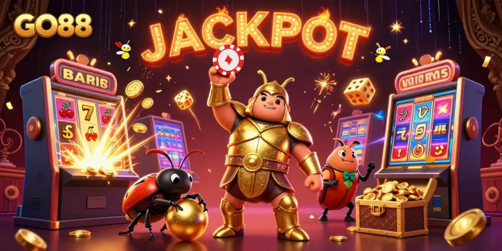 GO88's vibrant jackpot celebration in a dynamic 3D casino-themed scene with lively characters and game elements.