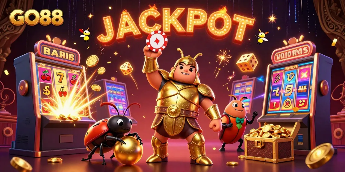 GO88's vibrant jackpot celebration in a dynamic 3D casino-themed scene with lively characters and game elements.