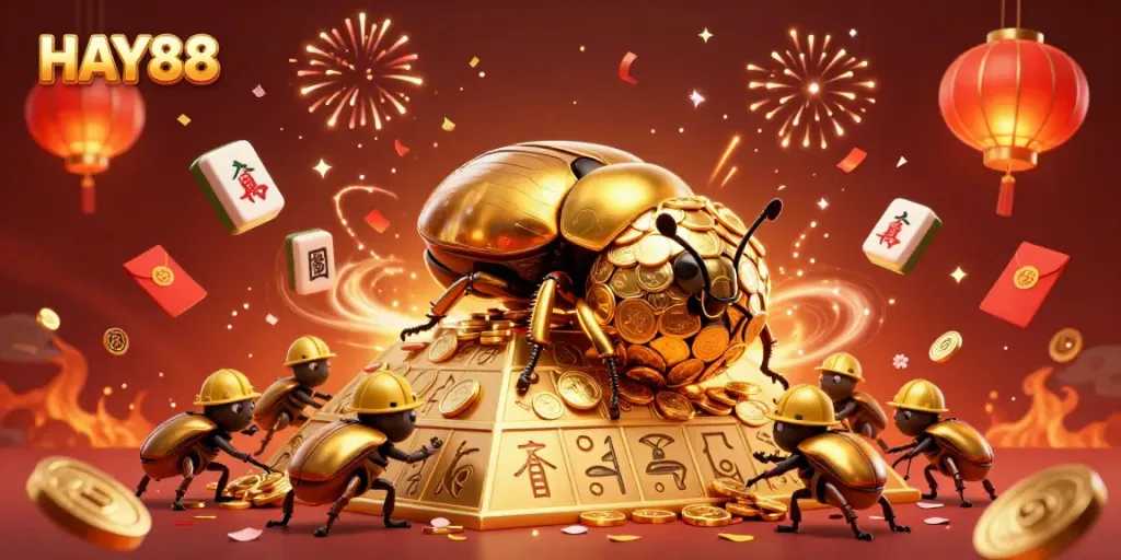 Experience the thrill of HAY88 as a giant golden dung beetle triumphantly rolls a ball of coins, celebrating casino gaming.