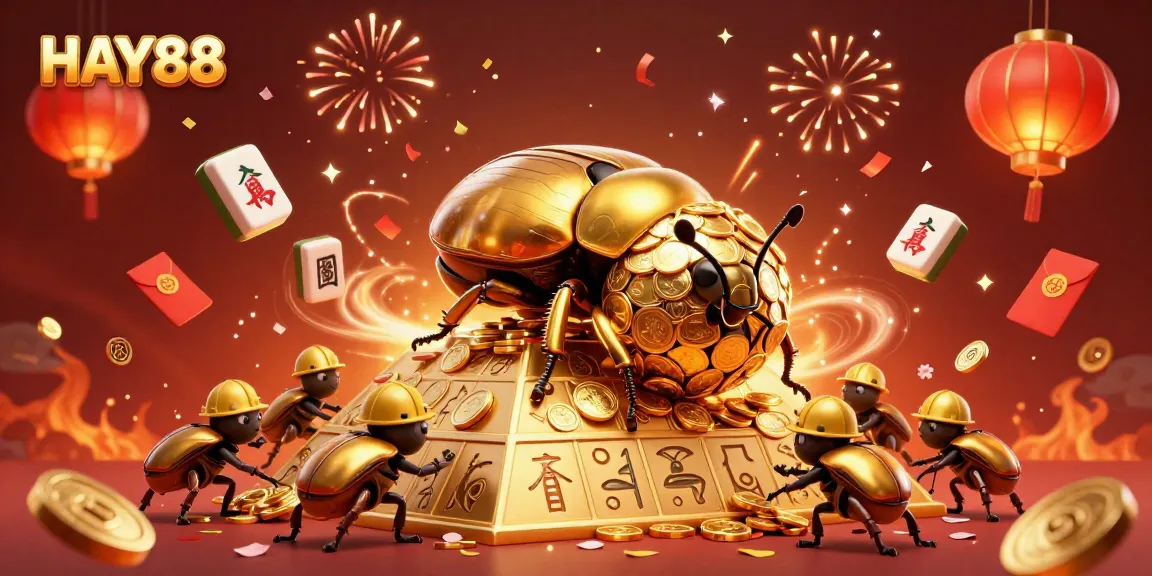 Experience the thrill of HAY88 as a giant golden dung beetle triumphantly rolls a ball of coins, celebrating casino gaming.