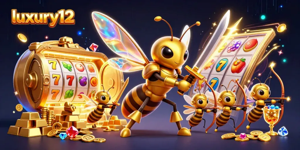 Luxury12 gaming scene featuring a golden hornet in samurai armor predicting slot outcomes amidst treasures and vibrant symbols.