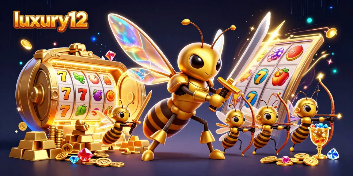 Luxury12 gaming scene featuring a golden hornet in samurai armor predicting slot outcomes amidst treasures and vibrant symbols.